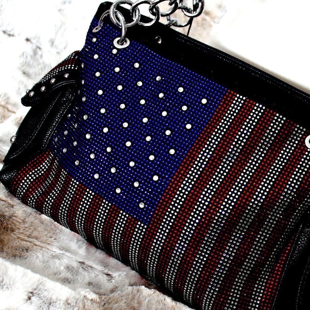 American Flag Red White Blue Rhinestone Bling Black Hobo Patriotic Handbag Bag - Picture 12 of 13